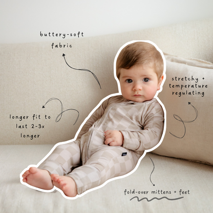 Taupe Checkerboard Bamboo Zippered Romper