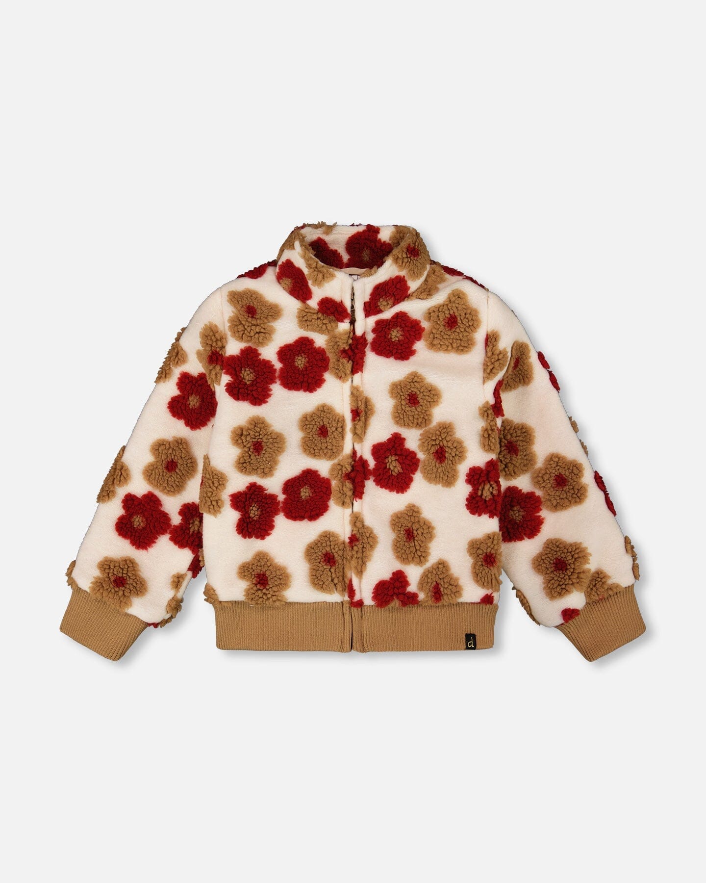 Full Zip Sherpa Jacket With Jacquard Floral Pattern Beige And Red