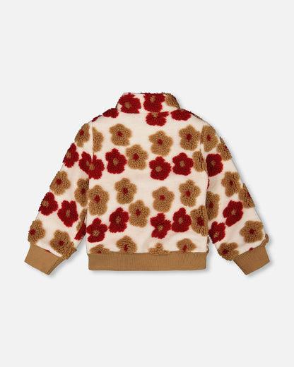 Full Zip Sherpa Jacket With Jacquard Floral Pattern Beige And Red