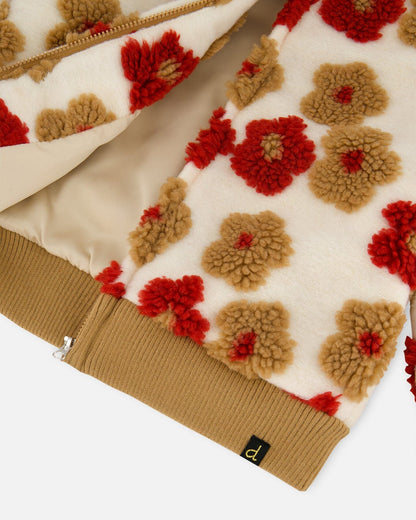 Full Zip Sherpa Jacket With Jacquard Floral Pattern Beige And Red