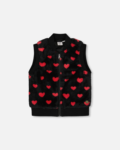Faux Fur Sleeveless Vest Black And Red With Hearts