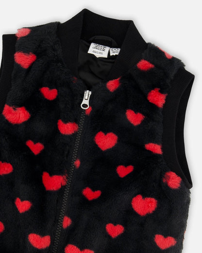 Faux Fur Sleeveless Vest Black And Red With Hearts