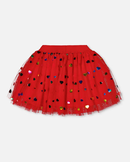 Tulle Skirt Red With Iridescent Heart Confettis