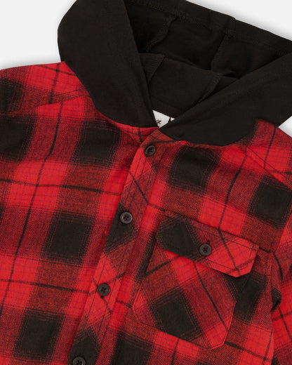 Plaid Flannel Shirt With Hoodie Red And Black