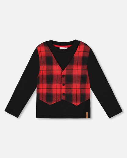 T-Shirt With Plaid Vest Red And Black