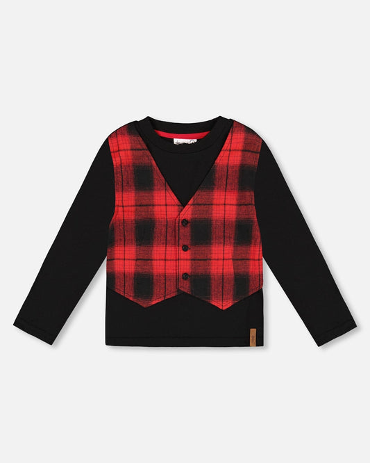 T-Shirt With Plaid Vest Red And Black
