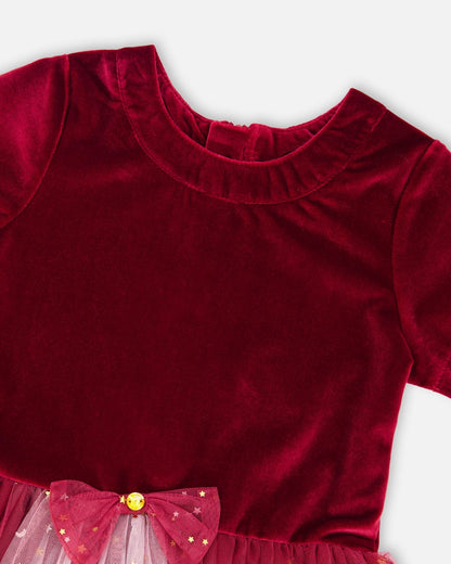 Bi-Material Short Sleeve Party Dress Red