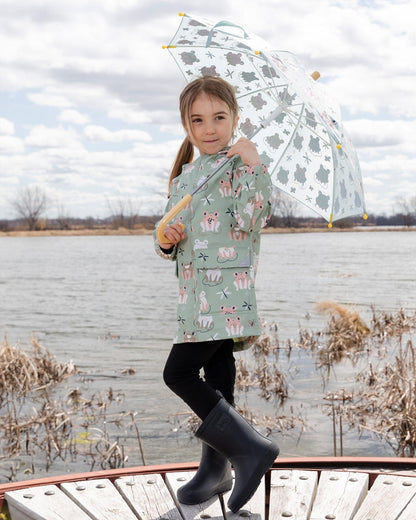 Green raincoat with color-changing frogs
