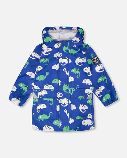 Blue raincoat with color-changing chameleon