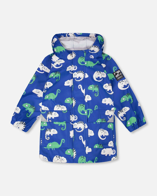 Blue raincoat with color-changing chameleon