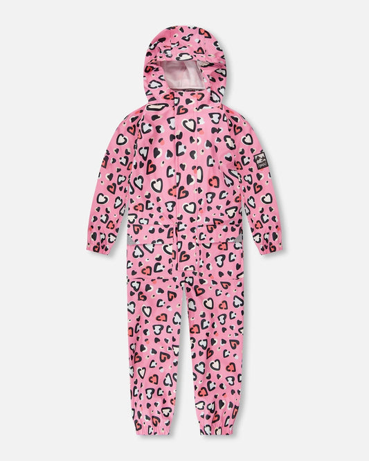Pink rain jumpsuit with color-changing hearts print