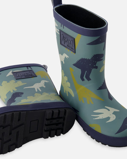 Rain Boots In Natural Rubber Green Dinosaur Print