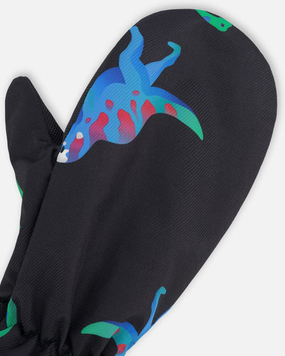 Mid-Season Mittens In Recycled Polyester Black Dinosaur Print