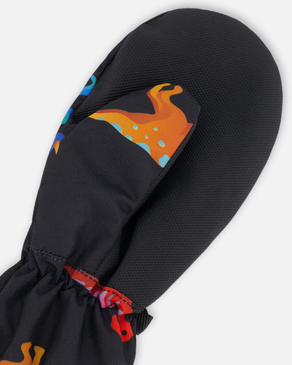 Mid-Season Mittens In Recycled Polyester Black Dinosaur Print